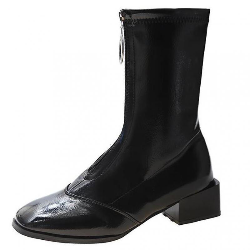 Ins dames enkellaarsjes outdoor laarzen dames enkellaarsjes metalen hak lakleer rits schoenen dames casual: Zwart / 39