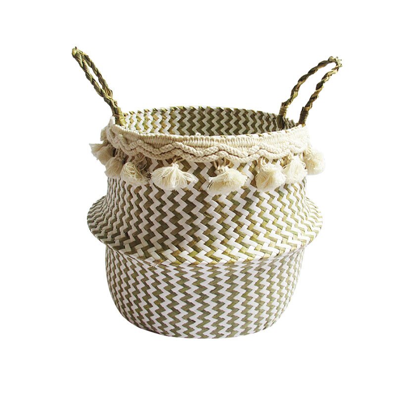 Cesta grande de mimbre plegable para almacenamiento de ropa, cestas decorativas con pompones, macetas de flores, organizador del hogar: Medium-27cmx24cm