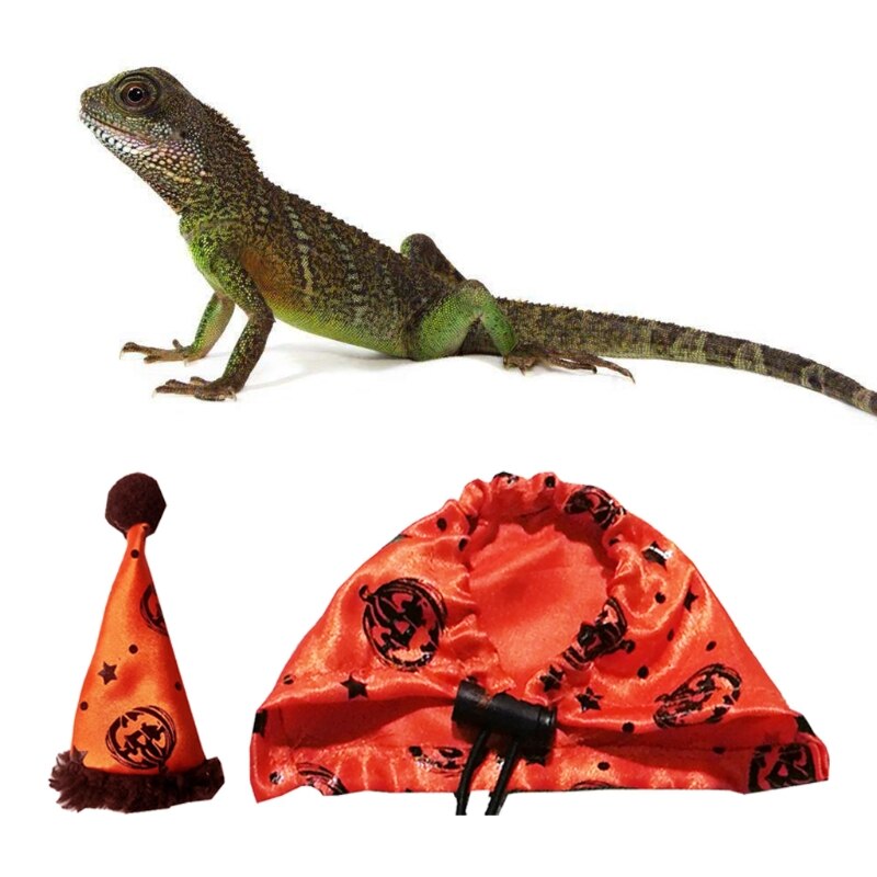 K5DC Lizard Clothes Bearded Dragon Costume Set Orange Halloween Hat and Cloak for Reptiles Resizable Photo Props