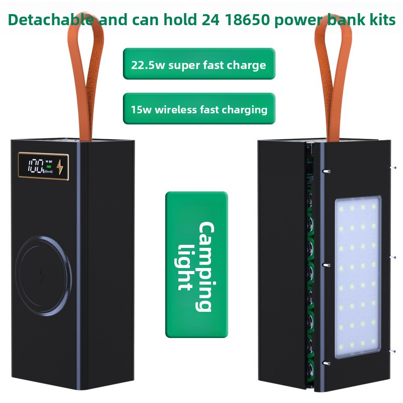 24*18650 Batterij Powerbank Behuizingen DIY Mobiele Powerbank Case met Draadloos Opladen en Campinglamp Afneembaar, Loodvrij