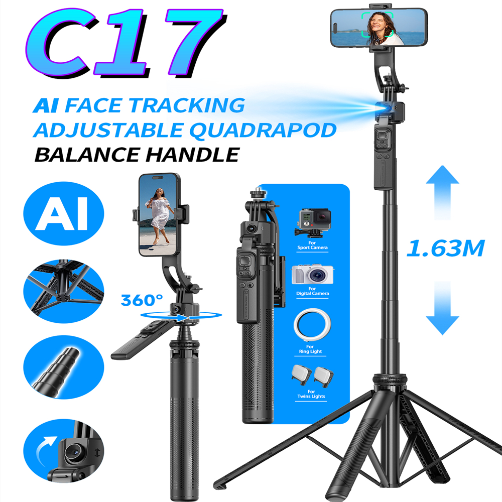 C17 Monopiede 360 ° Treppiede da tiro con tracciamento AI con rotazione automatica Luce di riempimento otturatore Bluetooth per supporto per telefono Bastone selfie wireless
