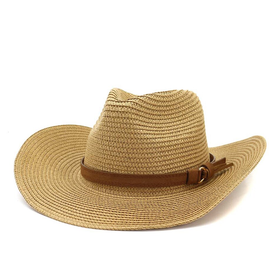HOAREE, sombrero de vaquero de verano para hombre, sombrero de paja azul marino para el sol con cinturón, sombrero ancho Vintage para mujer, gorros de vaquera para decoración de playa, sombreros UV: Khaki