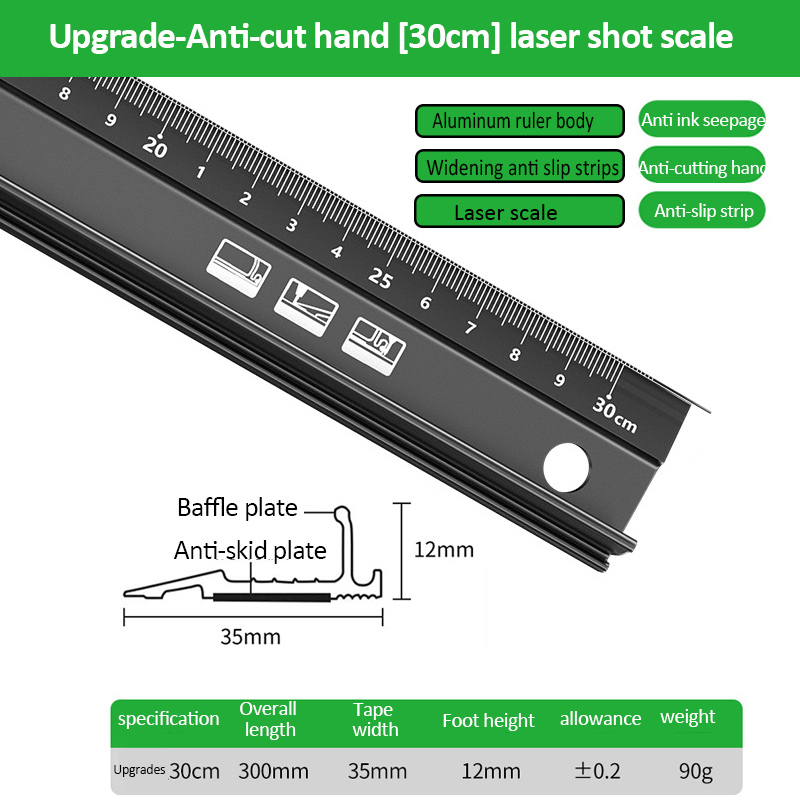 Règle droite multifonctionnelle en alliage d'aluminium de haute précision, 20/30/45cm, Anti-coupure, marquage des mains, pour la mesure du dessin: Argent