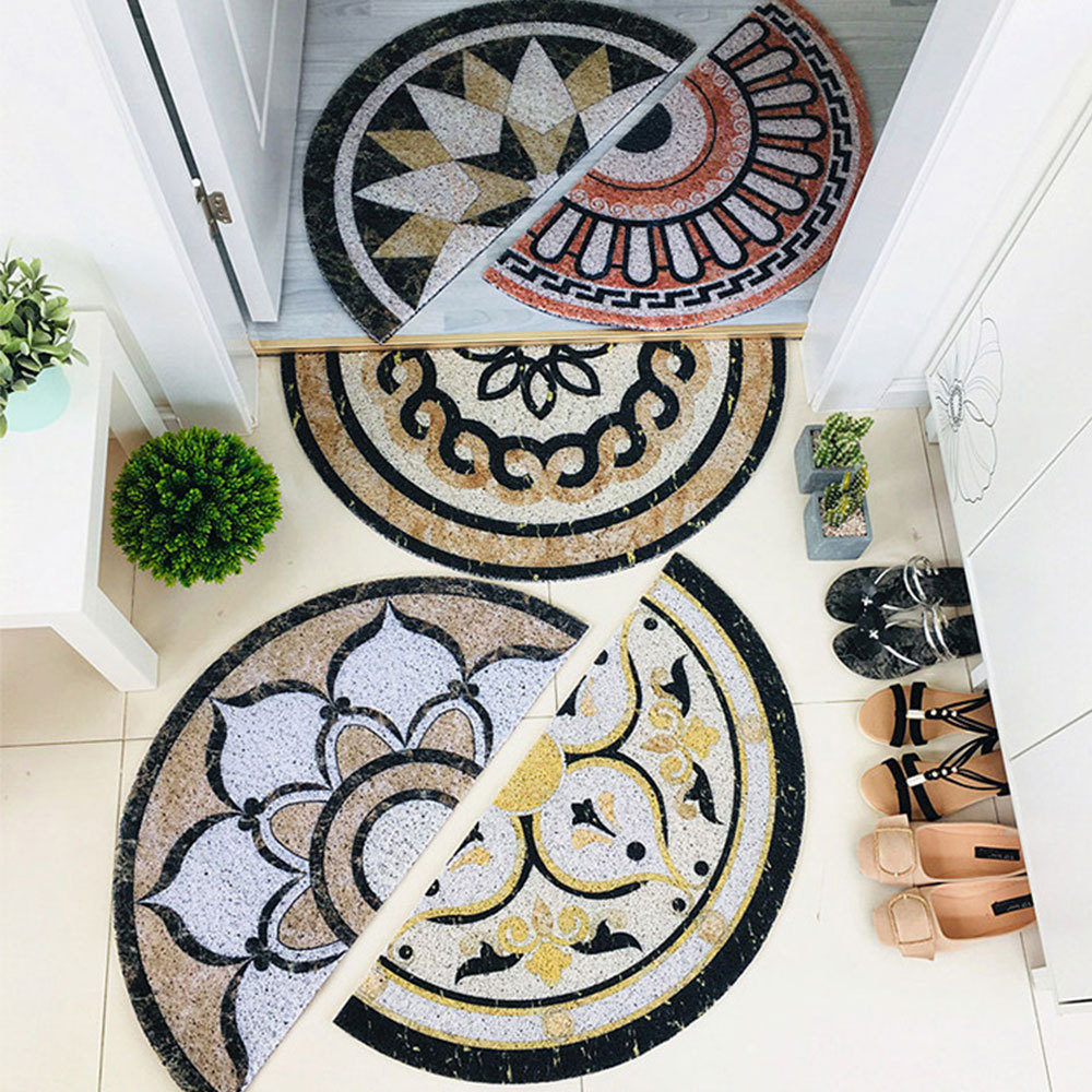 Tapis d'extérieur demi-rond en motif de marbre | Tapis noir absorbant l'eau, tapis de salle de bains antidérapants, tapis de portes décoratifs pour la maison