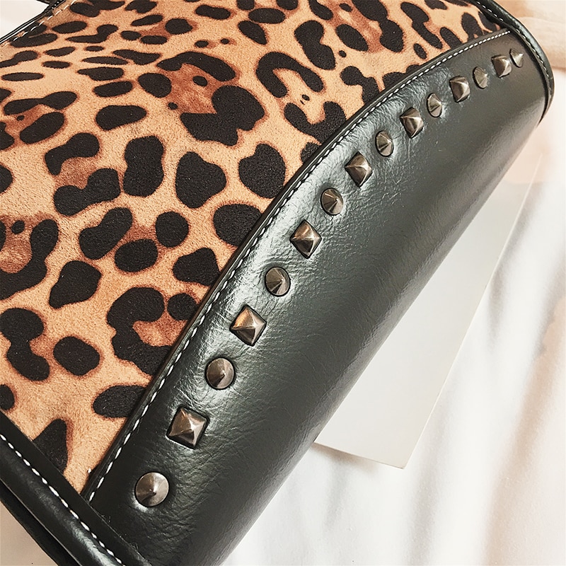 Leopardo bolsas bolso mujer fregar bolsa de hombro remache de bandolera con de varias telas nueva cremallera de alta capacidad de bolso