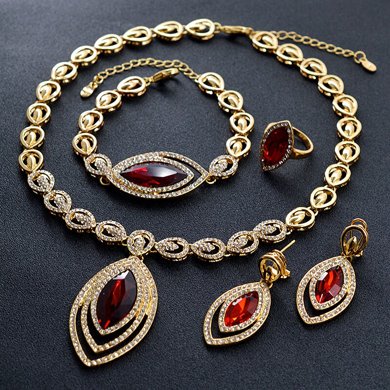 Sunny joyería Vintage de circonia cúbica roja para mujer, conjunto de joyería nupcial, collar de gota de agua de boda, pendientes, anillo, pulsera