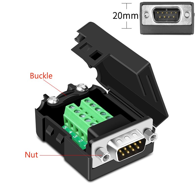 DB9 Connector RS232 Mannelijke/Vrouwelijke D-SUB 9 Pin Plug RS485 Breakout Terminals 21/24 Awg Wire Solderless Com Connectors DB9: Male Nut 20mm