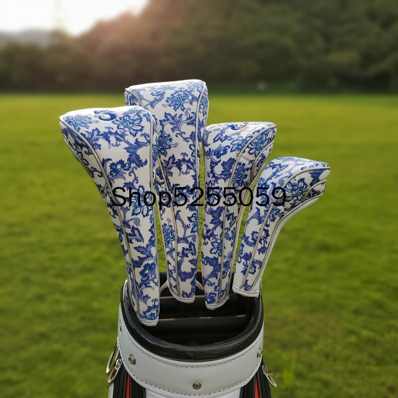 Blue and White Porcelain Golf Club Driver Fairway Wood Hybrid UT Putter Mallet Putter Headcover Sports Golf Club Equipment