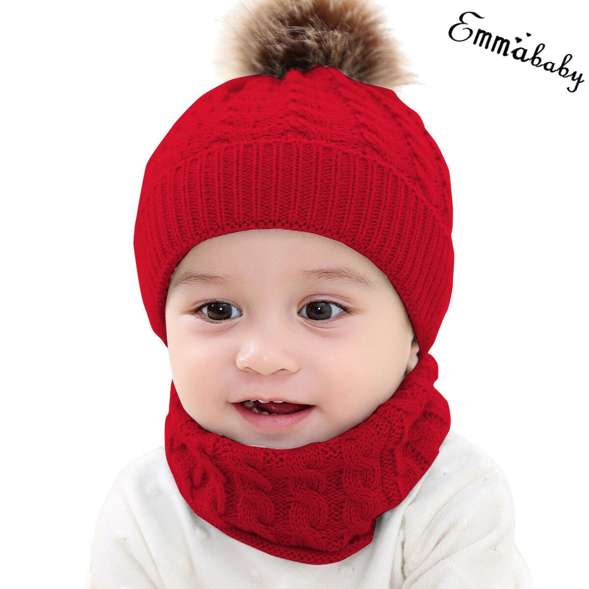 Trend 2PCS Leuke Peuter Kid Meisje Jongen Baby Baby Winter Warm Haak Muts Beanie Casual solid Cap Sets: Rood