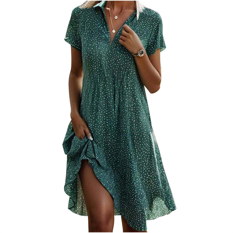 Women Summer Midi Dress Casual Loose Collar Short Sleeve Printed Polka Dot Shirt Dress Women's Clothing