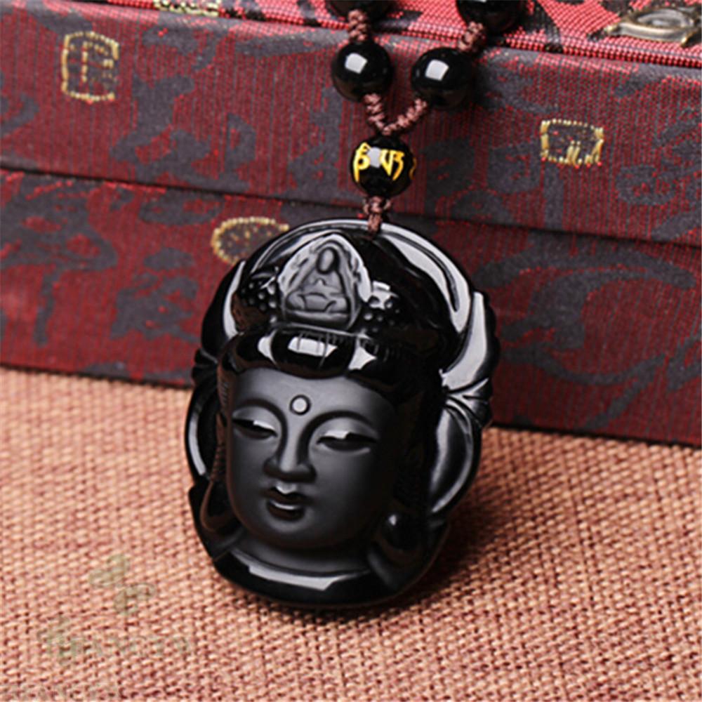 Intagliato Guanyin Avalokitesvara Ciondolo di Ossidiana Collana Yoga Pregate Elegante