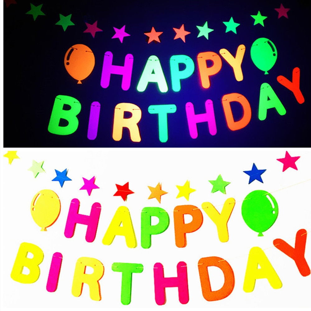 Fluorescent Neon Happy Birthday Banner Stars Fluorescent Banners Party Backdrop Luminous Glow Birthday Party Decor