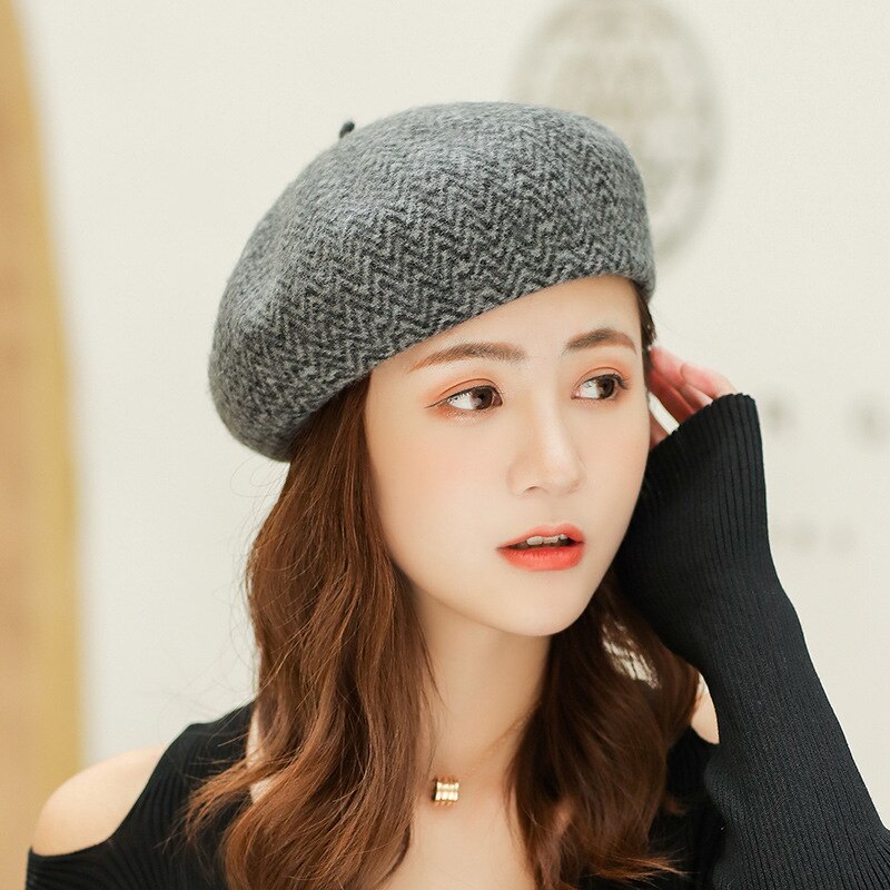 Wollen Wave Patroon Dame Baret Winter Baret Kasjmier Vrouwen Baret Herfst Winter Hoeden Caps: dark grey