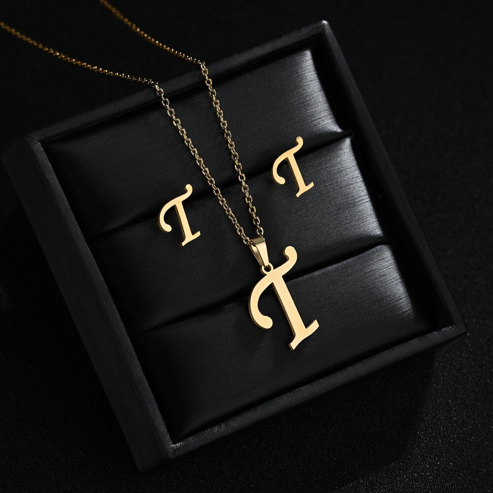 A-Z Edelstahl Ersten Halskette Und Ohrringe Schmuck Sets Alphabet Anhänger Kette Brief Zubehör: Custom color