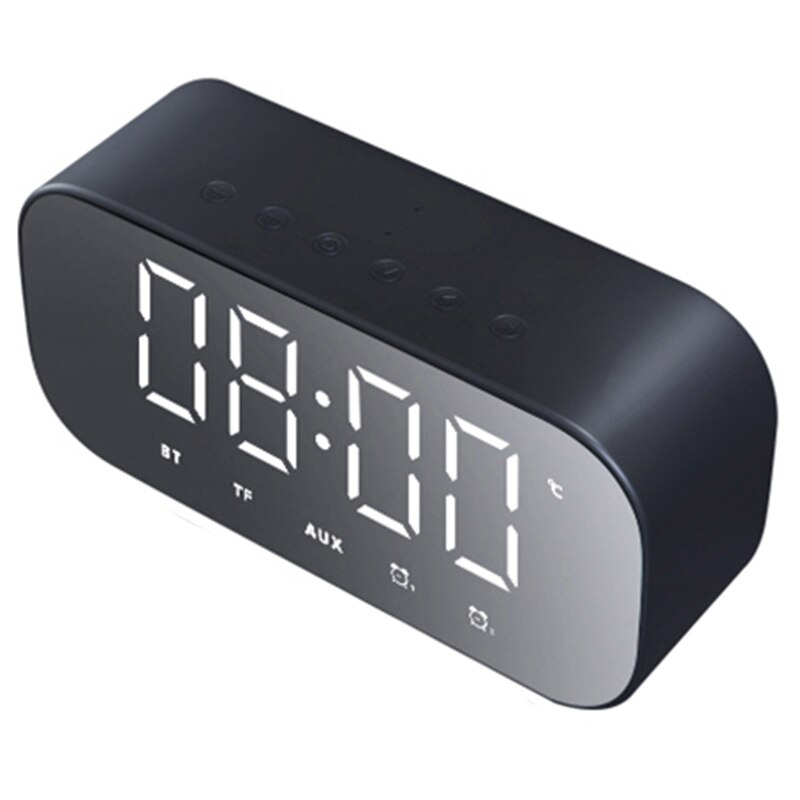 Bluetooth Speaker with FM Radio LED Mirror Alarm Clock Subwoofer Music Player Snooze Desktop Clock Wireless Black