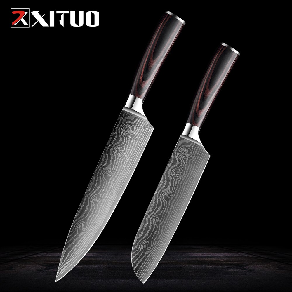 Xituo rustfrit stål køkkenknive sæt japansk kokkniv damaskus stål mønster nytte paring santoku skive kniv sundhed: 2 stk