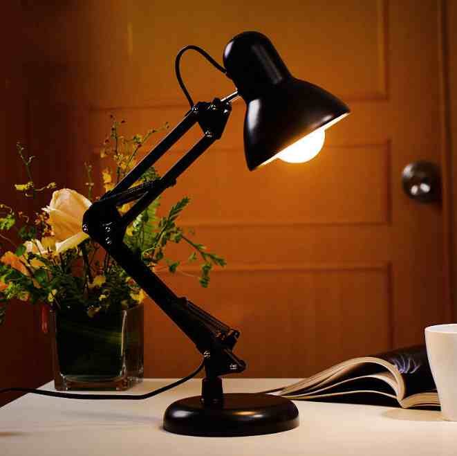Lang svingarm justerbare klassiske skrivebordslamper  e27 led med switch bordlampe til kontorlæsning natlys sengebordshjem: Sort