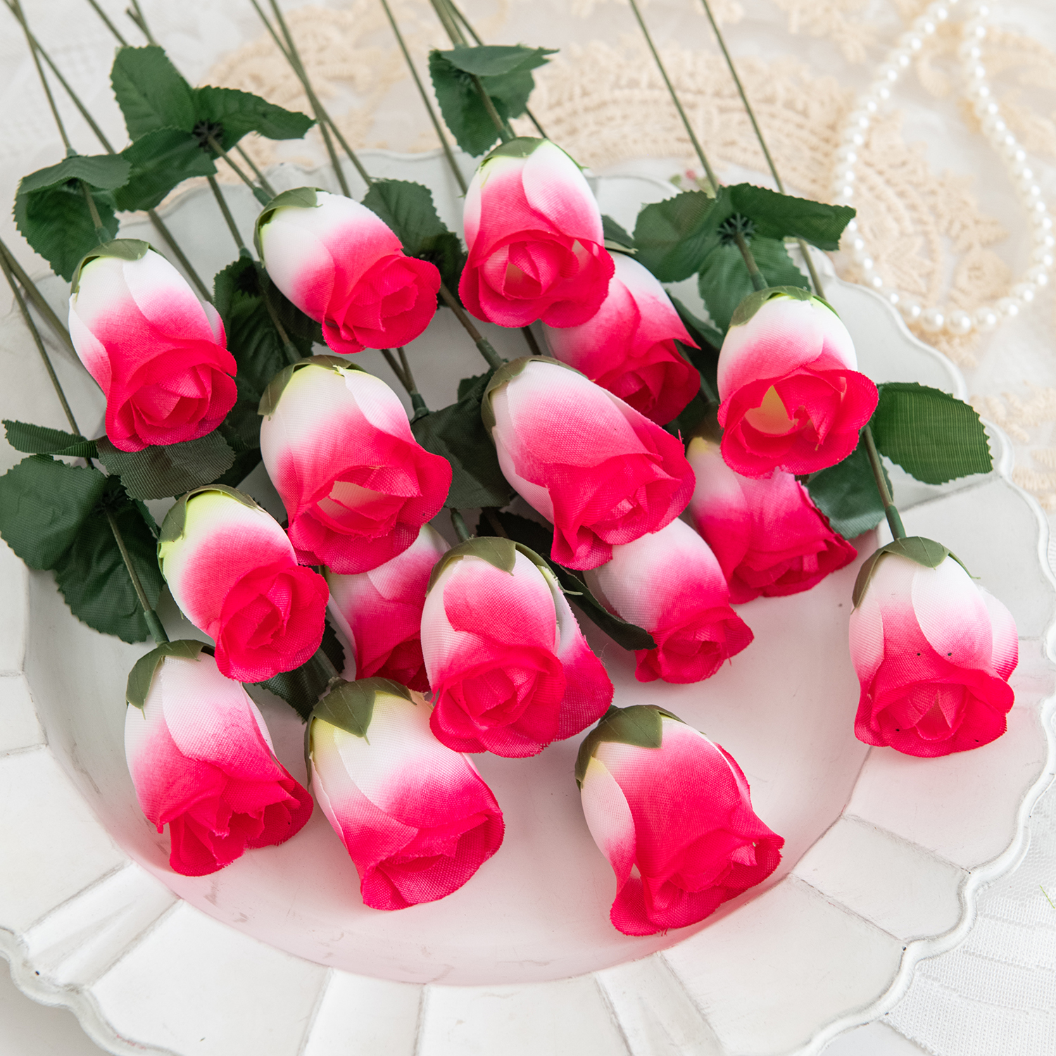 Florero de ramo de rosas rojas para decoración del hogar, coronas decorativas para jardín y boda, arreglo floral hecho a mano, flores artificiales, 10 Uds.: Rojo rosado