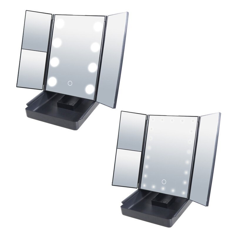 Trifold Led Makeup Mirror with Storage Box Vanity Lighted Mirrors 180 Degree Rotatable for Home Bedroom Bathroom Travel