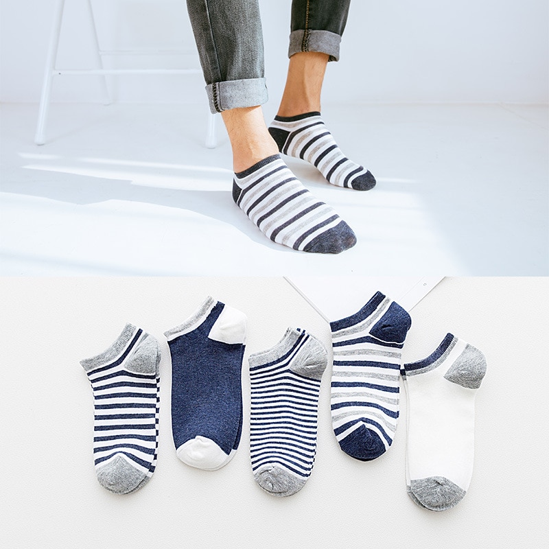 5-Pairs Summer Socks Pack Men Cotton Stripe Shallow Mouth Absorb Sweat Slippers Short Ankle Casual Boat Socks Mid Socks