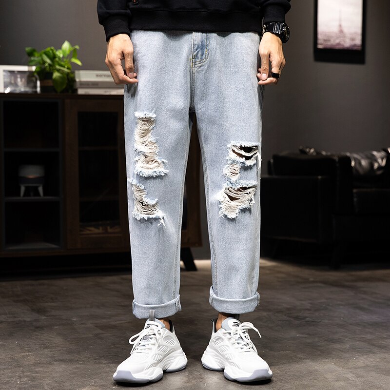Pantalones vaqueros rasgados para hombre, pantalón de pierna ancha, corte recto, holgado, color azul claro, con agujeros rotos, ropa de calle, Hip Hop, longitud hasta el tobillo