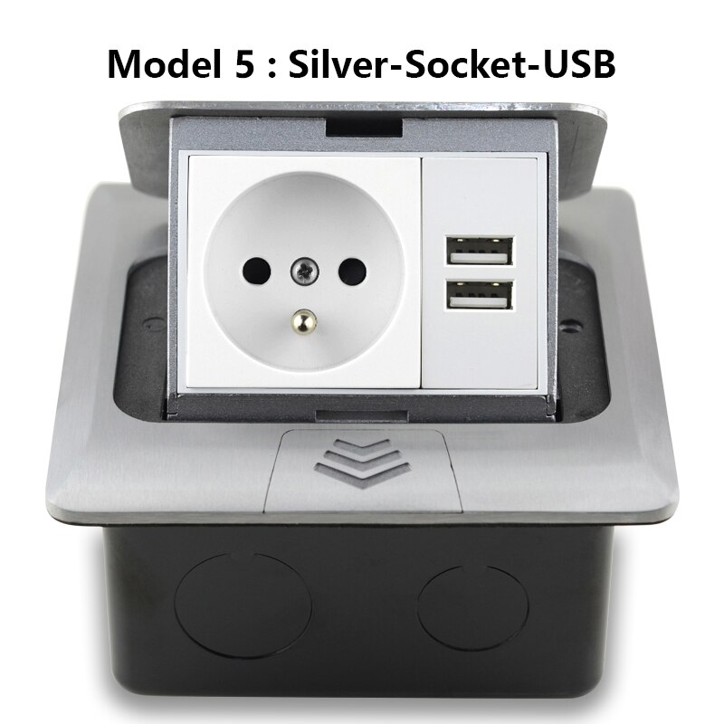 16A France Standard Socket Universal 2 Pin With USB Charging Port Pop-Up Floor Socket 2 Way Power Outlet Aluminum Alloy Office: Silver-Socket-USB