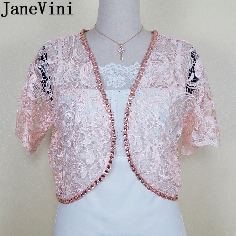 JaneVini, chaquetas cortas de encaje con cuentas para boda, se encoge para mujeres, verano, cristales rosas, Bolero, envolturas nupciales, accesorios de abrigo, Bolerka