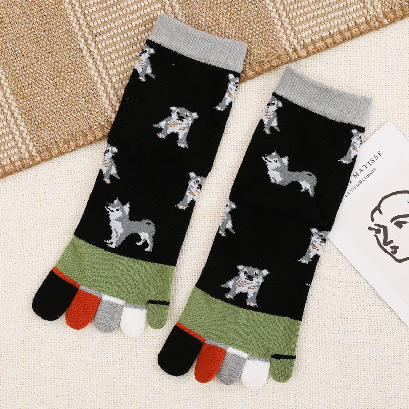 Dam tecknade hundstrumpor dam 100 bomull femfingerstrumpor mitten av tuben fem tåstrumpor separata tår färgglada strumpor flickstrumpor: Brun