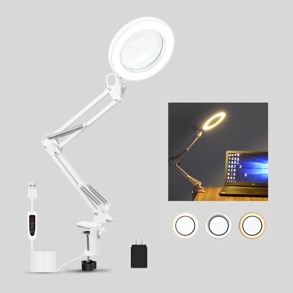 Usb drevet led lys forstørrelsesglass lampeklemme på bordplate 5x lupe lys