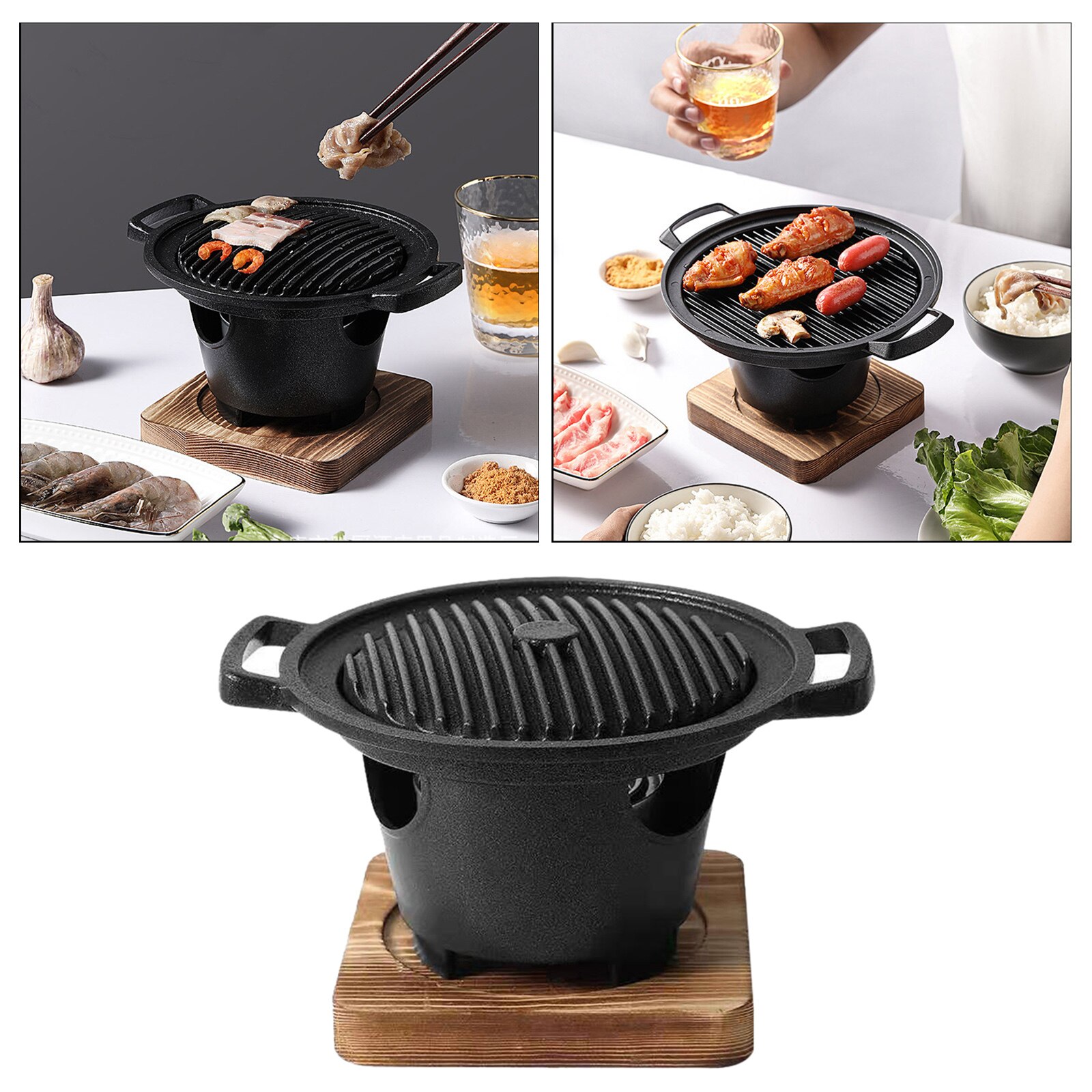 Yakiniku Mini BBQ Grill w/ Wood Base Tabletop Alcohol Stove Household Barbecue Grill Plate Hibachi Grill Pot: 21.5cm