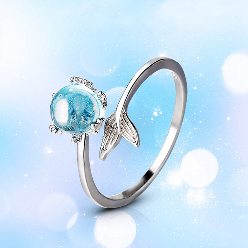 Japan En Zuid-korea Zilveren Kleur Blauw Crystal Mermaid Bubble Open Ringen Voor Vrouwen Creatieve Mode-sieraden Кольцо Женское