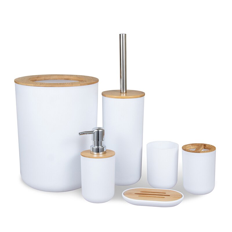 Untior 6 stk badeværelse tilbehørssæt bambus badeværelse kit tandbørsteholder sæbedispenser toiletbørste skraldespand badeværelse sæt: Hvid