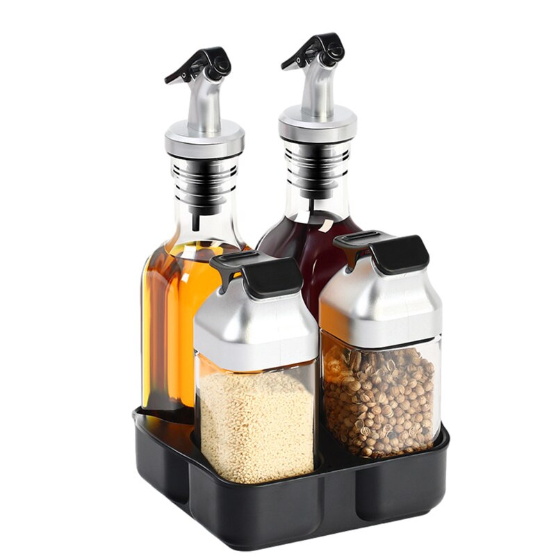 5 unids/set cocina aceite y vinagre, sal y pimienta caja de almacenamiento con bandeja soporte boquilla 2 dispensadores 2 de sal y pimienta.: Default Title