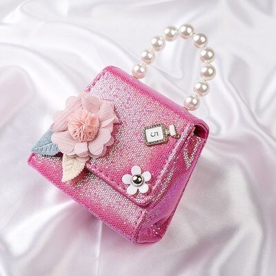 Mini bolso de mano de cuero con perlas para niñas, bandolera pequeña de princesa, monedero pequeño, ,: ROSE RED