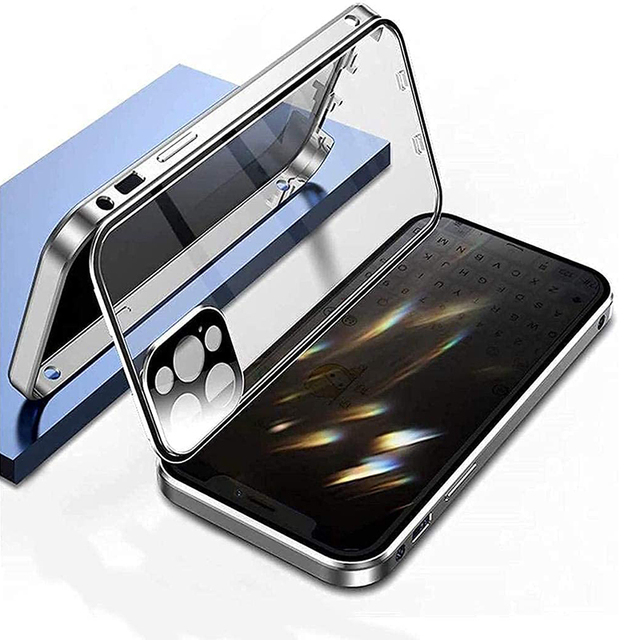 Privacy Protection Metal Double Sided Glass Case For iPhone 13Mini 16 15 13 12 14 Pro Max Lens Protection Double Snap Lock Cover: PP / Silver