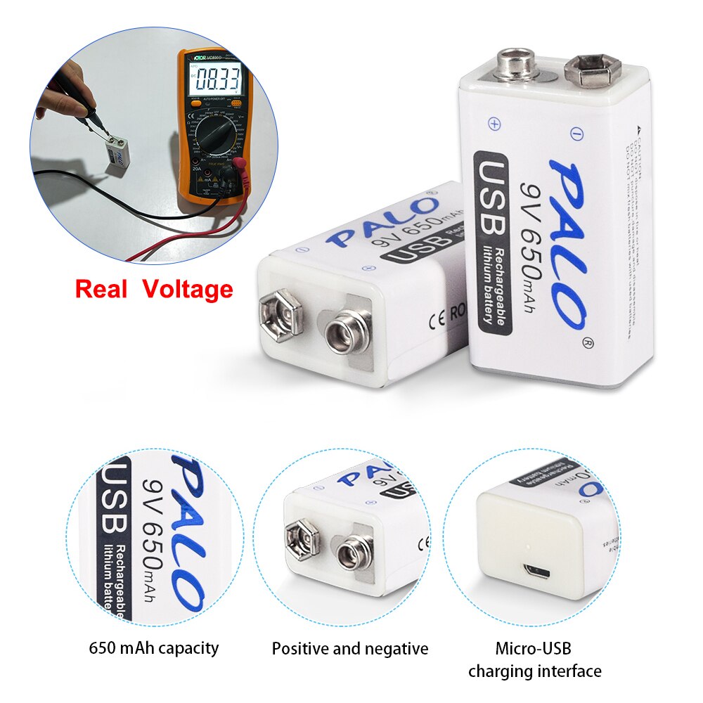 PALO 9V 6F22 650mAh Li-ion Rechargeable Battery Micro USB Batteries 9v lithium for multimeter,microphone,toy,remote control KTV