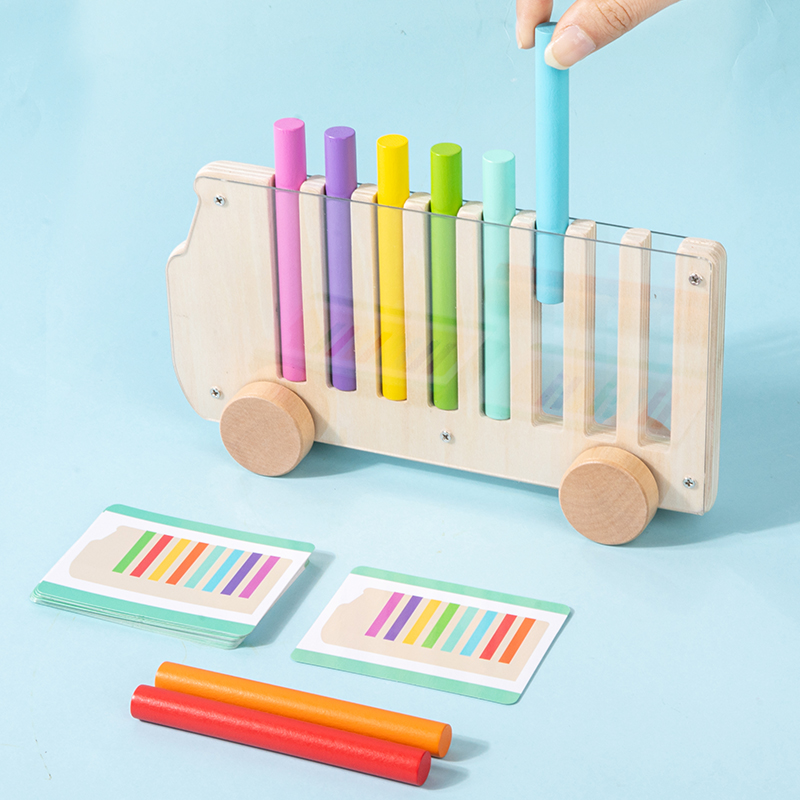 Farbsortierspiel aus Holz, Spielzeug in Busform zum Einsetzen mehrfarbiger Stäbchen, beweglicher Wagen mit 20 Karten, Farbkognitionsspielzeug