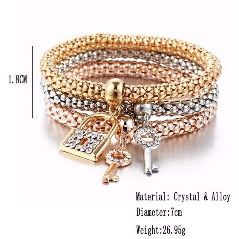 3Pcs Crystal Bracelet Tree of Life Owl Bracelets Inside Rhinestone Elastic Popcorn Chain Bracelet For WomenJewelry: Key lock