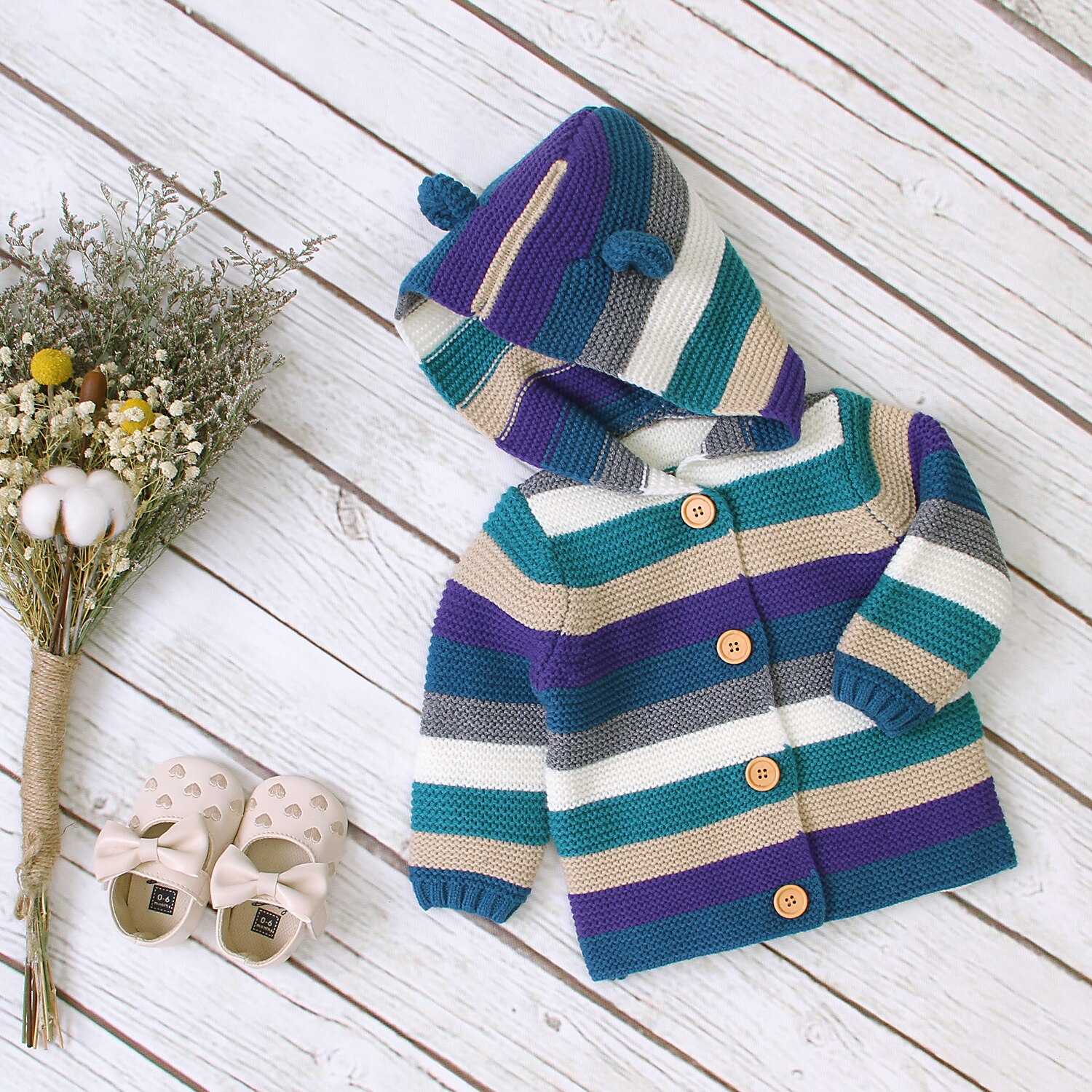 Automne tricoté Cardigan garçons filles doux Style mixte couleur rayure à manches longues simple boutonnage Outwear décontracté à capuche haut 3-24M