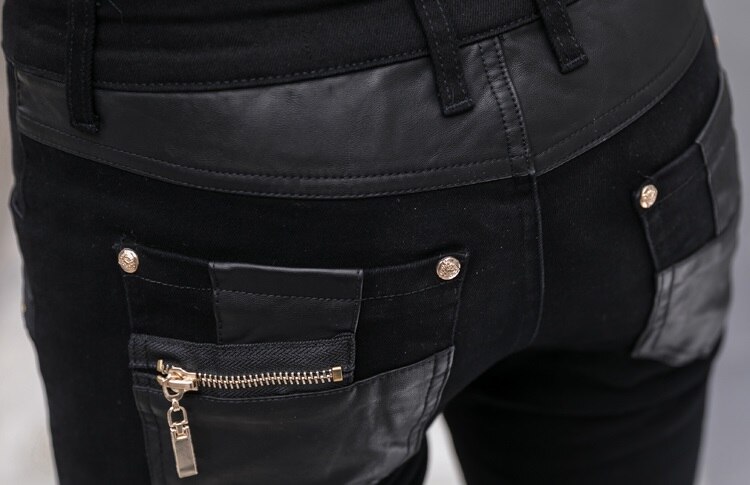 Men's Pant Faux Leather Jeans Spliced Denim Trousers Male Stretch Slim Fit Punk Stage Singer Motorcycle Casual Pants Men