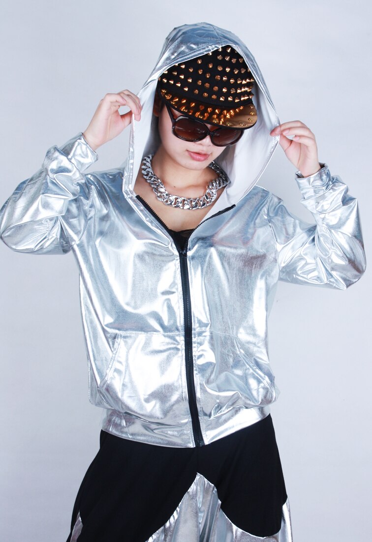de chaquetas sueltas de baile con cremallera y empalme de jazz para mujeres y hombres, unisex, de color dorado y plateado, ropa de rendimiento superior brillante