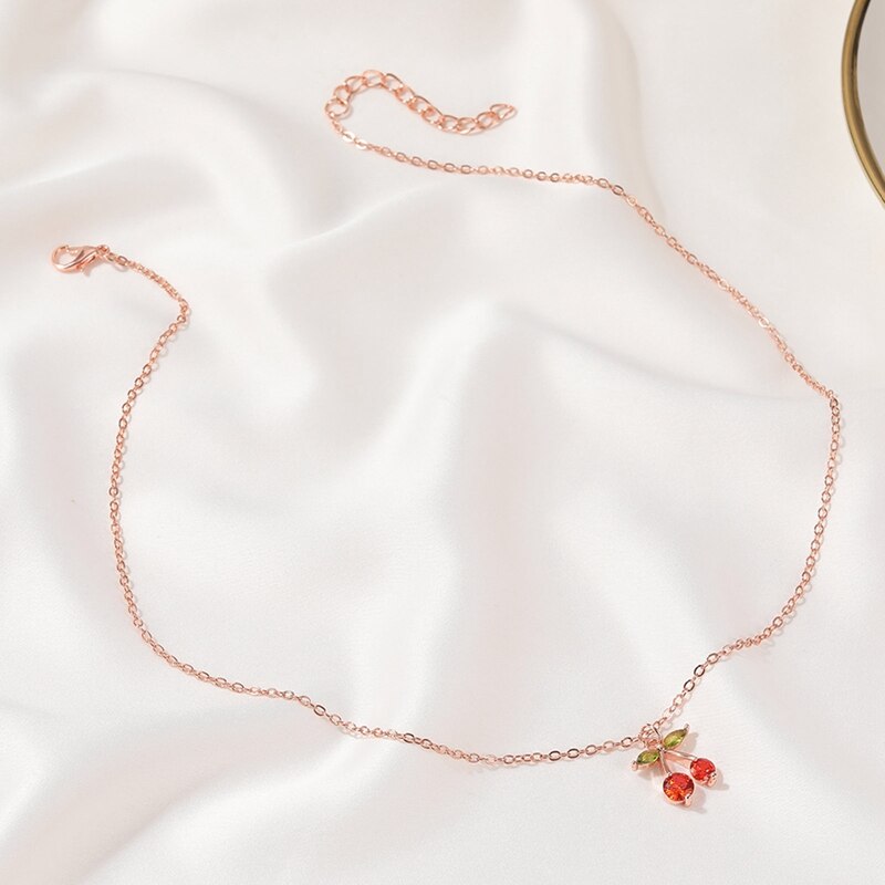 Sweet Little Cherry Ketting Kristallen Zirkoon Fruit Cherry Ketting Voor Vrouwen Sieraden Sleutelbeen Kettingen Hangers Choker Colar