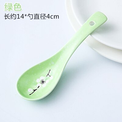 Cherry blossoms Ceramic Spoon Kitchen Accessories 14cm Cookware Tool Japanese Cooking Rice Soup Kitchenware Damaged Claim: 1PC-Green