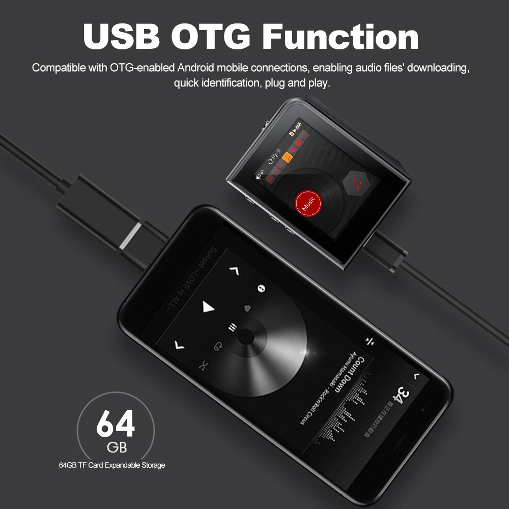 A50 Digital Music MP3 Player DSD256 HiFi Lossless Audio Player TF Card Read & Play USB OTG with 2.0 Inch HD Display Screen