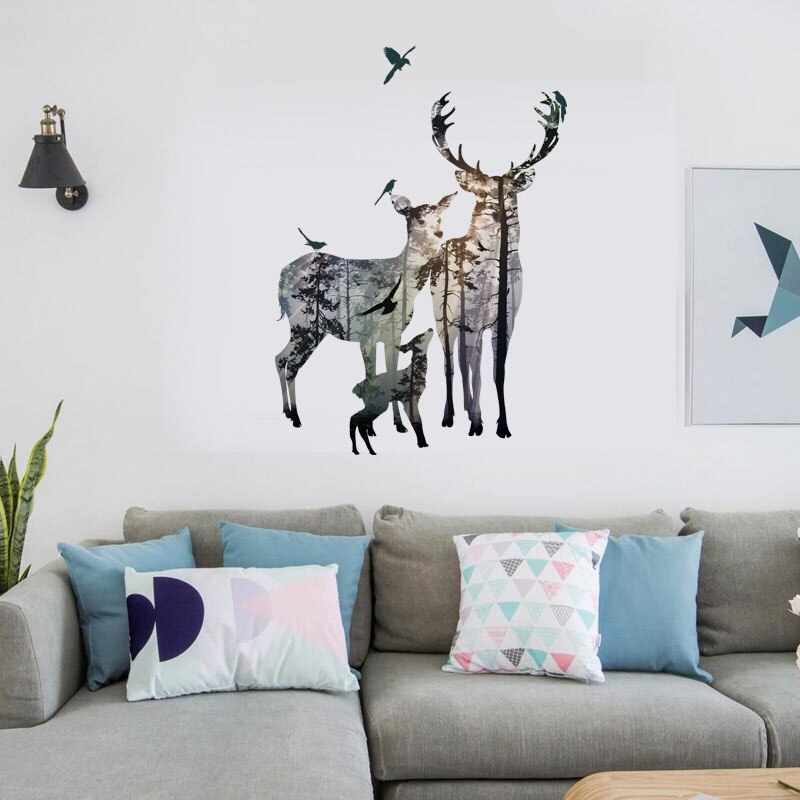 DIY Ein Elch Familie Silhouette Zauberstab Kunst Aufkleber Hause Dekoration Kreative Korridor Küche Wandmalereien PVC Hirsch Schatten Wald Poster: PC92009