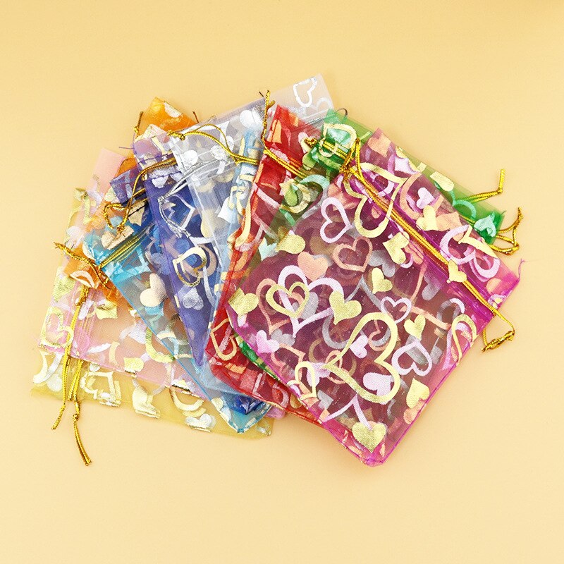 Bolsas pequeñas de Organza para decoración de bodas, embalaje de joyería, dulces de Chocolate, bolsa de con de corazones de Navidad, 100 Uds.