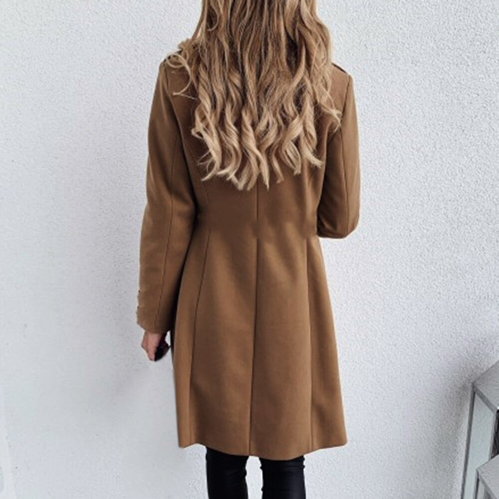 Abrigo de mezcla Kakhi de doble botonadura de largo medio Color sólido abrigo de lana Otoño Invierno mujer Vintage chaqueta Tops