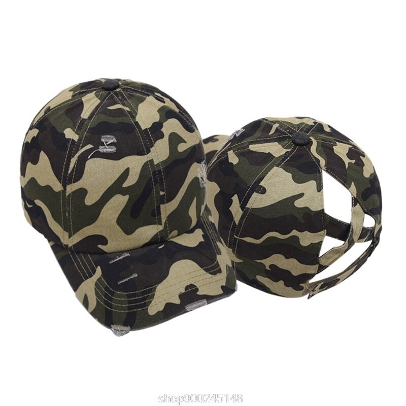 Femmes lavé casquette de Baseball crème solaire en détresse déchiré Criss croix haute queue de cheval réglable chapeau de relance N12 20 directe: Green Camo