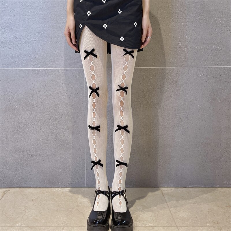 medias mujer Medias de Lolita para mujer, medias de rejilla huecas con lazo, pantimedias negras y blancas, estilo Kawaii japonés, nueva medias sexys mujer medias goticas medias rejilla: white small bow