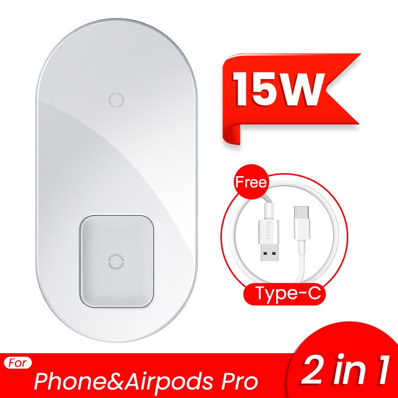 Baseus 2 in 1 Dual Qi Wireless Charger For iPhone 11 Pro Max X Airpods 15W Fast Wireless Charging Pad Induction Wirless Charger: White 15W Pro
